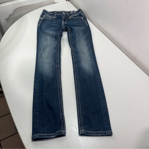 Miss Me Girls Youth 12 Skinny Denim Blue Jeans Pink Embroidery RhinestoneKE8247S - Picture 2 of 11